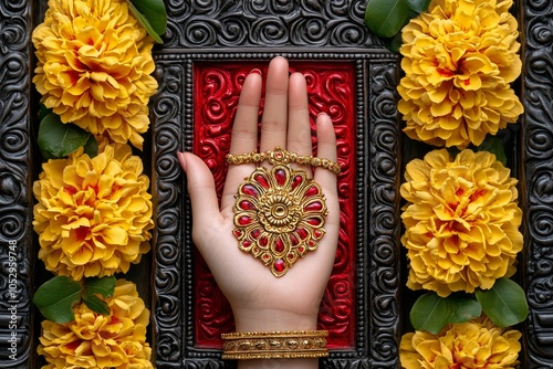 Kaliâ€™s hand in a blessing gesture, with a simple red background, representing her role as a compassionate goddess photo