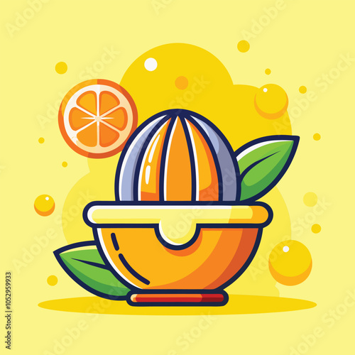 A bright yellow citrus juicer with a half orange and green leaves.