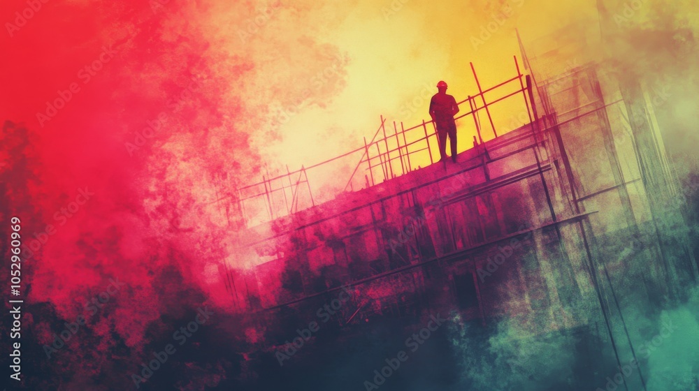 Fototapeta premium Worker on Scaffold with Colorful Abstract Background