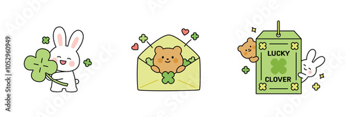 A cute rabbit and bear are giving good luck with a lucky four-leaf clover. outline simple vector illustration.