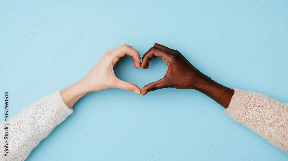 Fototapeta premium Creating description and keywords for imageTwo hands forming heart shape against solid blue