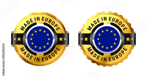 Made in Europe Eu icon a gold circle with a picture of a flag in the middle. Made in European for icon, sign, stamp, badge, logo, label, mark, symbol, etc. Modern and minimalist. Vector Illustration