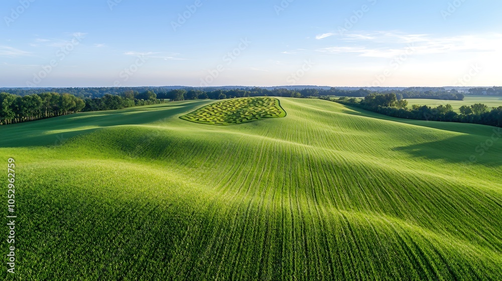 Obraz premium A panoramic sunset view of a corn maze, with long shadows stretching across the paths, creating a serene and enchanting atmosphere. The warm colors of the sunset enhance the allure of the maze,