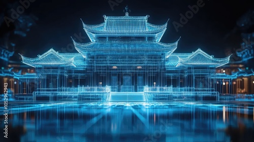 A futuristic, digital rendering of a traditional Chinese pagoda, glowing with blue light against a dark background.