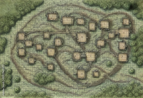Illustrated Tabletop Map of Forest Village: Detailed Fantasy Landscape