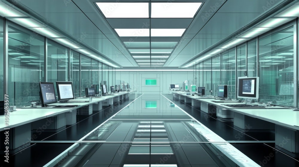 Modern Office Space with Glass Walls and Tech Equipment