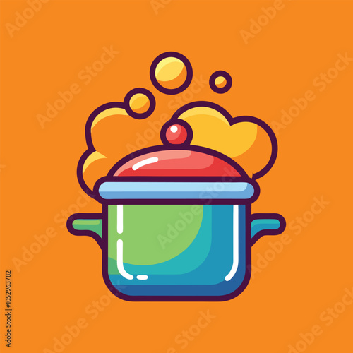 A colorful illustration of a pot with steam coming out of it. The pot is green, blue, and red.