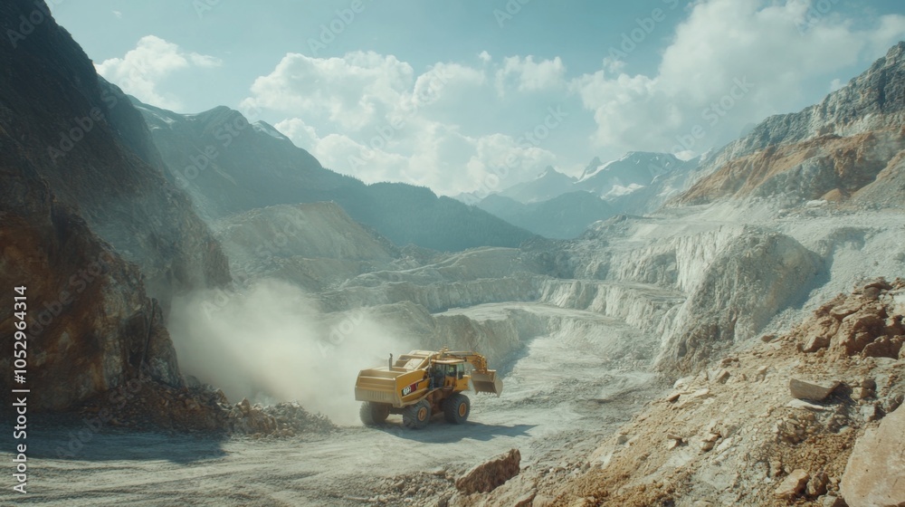 Heavy machinery working in a mountain quarry landscape Heavy machinery working in a mountain quarry landscape