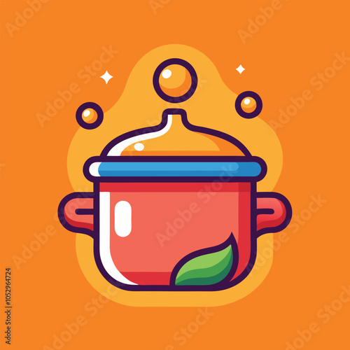A cartoon illustration of a red pot with a green leaf, with a yellow lid and bubbles, suggesting a delicious and fresh meal is being cooked.