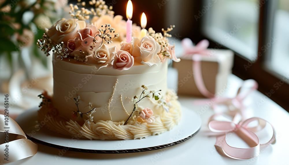 Close-up of a tall, elegant birthday cake in pastel colors placed on a clean, white table in a minimalistic setting Close-up of a tall, elegant birthday cake in pastel colors placed on a clean, white table in a minimalistic setting