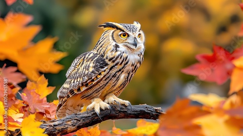 A close-up shot of a majestic owl perched on a branch, framed by autumn leaves in vibrant hues. The focus captures the intricate details of the owls feathers and the warm colors surrounding it, photo