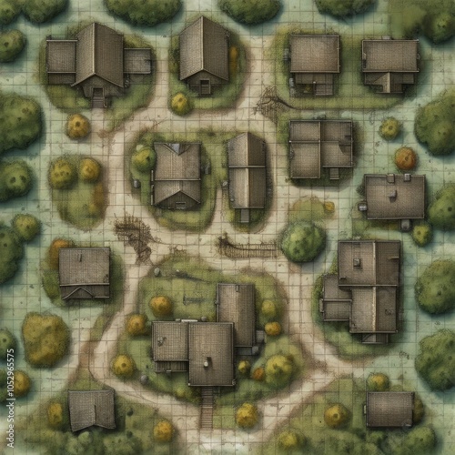Illustrated Tabletop Map of Forest Village: Fantasy Small Settlement