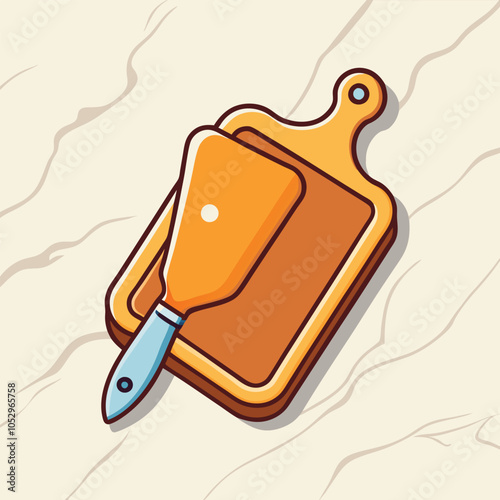 A cartoon illustration of a wooden cutting board and a spatula.