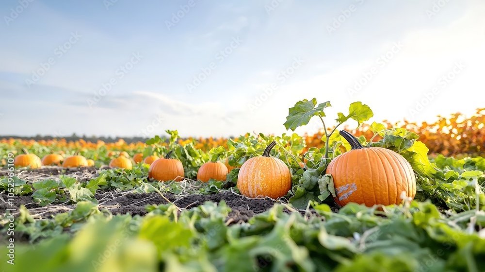 A picturesque pumpkin patch at golden hour with vibrant orange pumpkins scattered among green vines, set against a backdrop of changing autumn leaves. The soft sunlight enhances the vivid colors A picturesque pumpkin patch at golden hour with vibrant orange pumpkins scattered among green vines, set against a backdrop of changing autumn leaves. The soft sunlight enhances the vivid colors