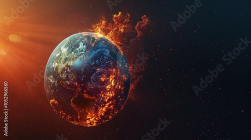 3D Earth engulfed in fiery destruction in space