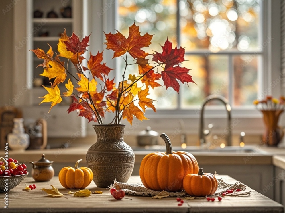 Autumn kitchen interior. Red and yellow leaves and flowers in the vase and pumpkin on light background
