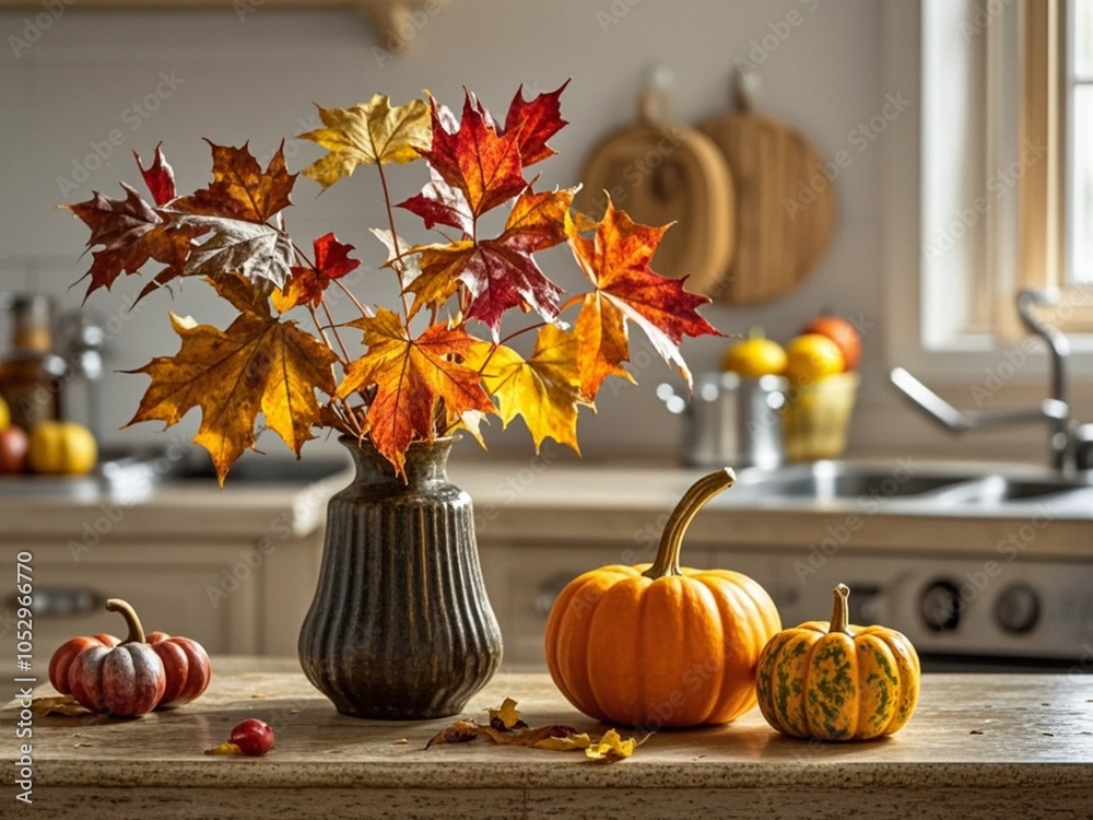Autumn kitchen interior. Red and yellow leaves and flowers in the vase and pumpkin on light background