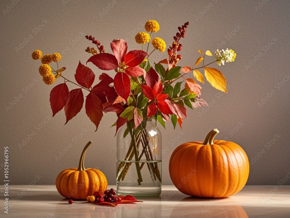 Autumn kitchen interior. Red and yellow leaves and flowers in the vase and pumpkin on light background