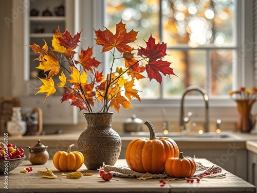Obraz na płótnie Autumn kitchen interior. Red and yellow leaves and flowers in the vase and pumpkin on light background w salonie