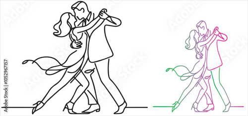 Professional dancer with dancing couple woman and man dancing. Continuous drawing of one line Vector