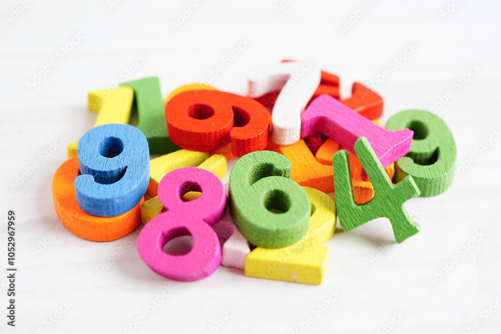 Fototapeta premium Number wood block cubes for learning Mathematic, education math.
