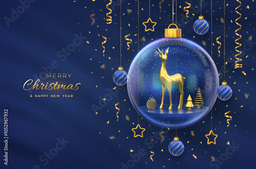 Christmas greeting card. Golden deer in a transparent glass ball. Shining showflakes, glitter confetti. New Year Xmas blue background. Festive holiday poster, banner, flyer. 3D Vector illustration. photo