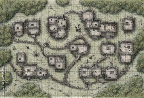Illustrated Tabletop Map of Forest Village: Detailed Fantasy Landscape