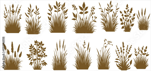 Set of brown grass line cad and silhouettes isolated on white background. Ground cover. Illustration for elevation architectural element, side view, grass section vector