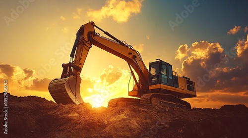 2410 50.An excavator working at an open-pit mining site, silhouetted against a brilliant sunset. The machine is digging into the earth, with the twilight sky providing a warm backdrop. The