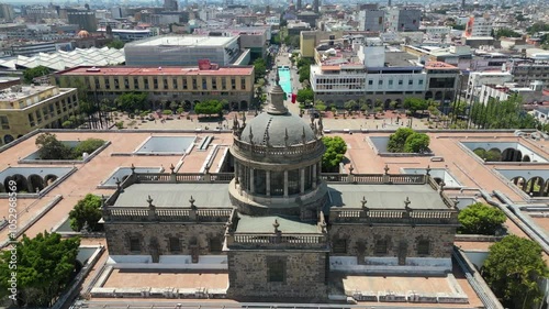 Video in reverse flying over the Cabanas cultural center in the center of Guadalajara