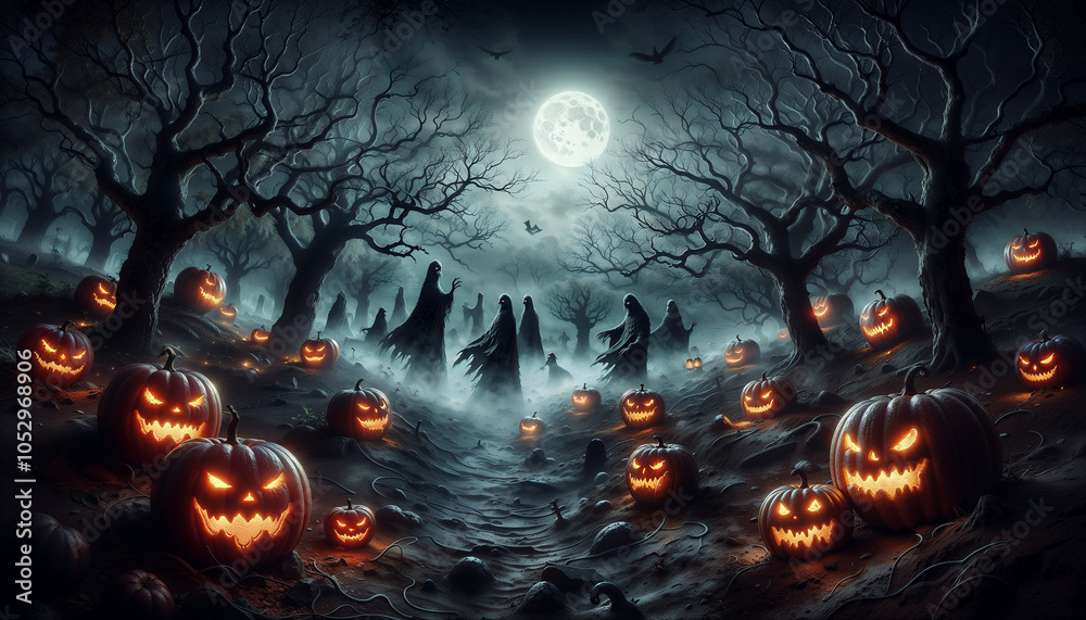 Haunted Pumpkin Patch at Night with Glowing Faces and Ghostly Figures Haunted Pumpkin Patch at Night with Glowing Faces and Ghostly Figures