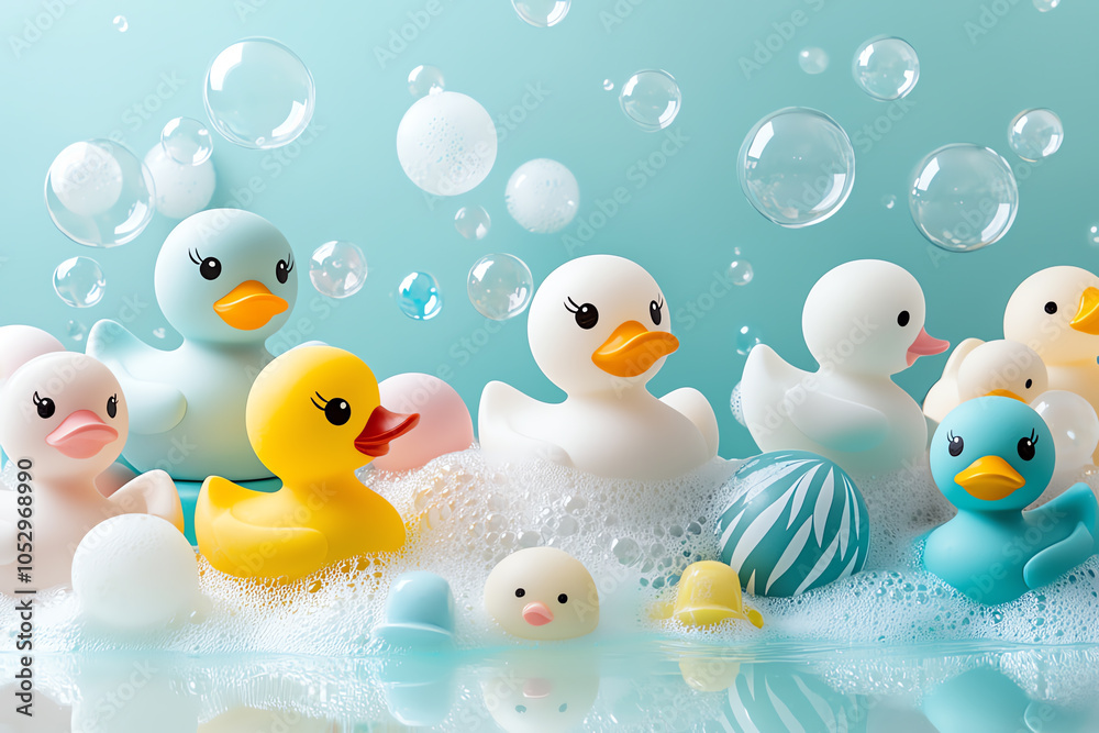 Delightful colorful rubber duckies floating in bubbles a playful scene of joy and fun Delightful colorful rubber duckies floating in bubbles a playful scene of joy and fun