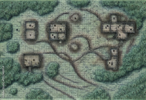 Illustrated Tabletop Map of Forest Village: Fantasy Small Settlement