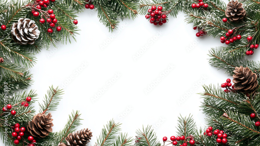 Minimalist Christmas frame with pine branches, pine cones, and red berries arranged around the edges, with a clean white background for text or product placement Minimalist Christmas frame with pine branches, pine cones, and red berries arranged around the edges, with a clean white background for text or product placement