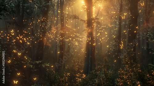 Enchanted Forest with Glowing Butterflies at Sunset