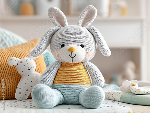 Charming soft knitted plush bunny in pastel colors perfect for baby's nursery decor and playtime comfort photo