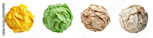 Set of a crumpled various color paper ball, isolated on a transparent background.