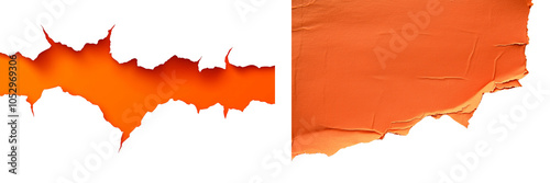 Set of a piece of orange paper with torn, rugged edges, adding a textured look, isolated on transparent background.