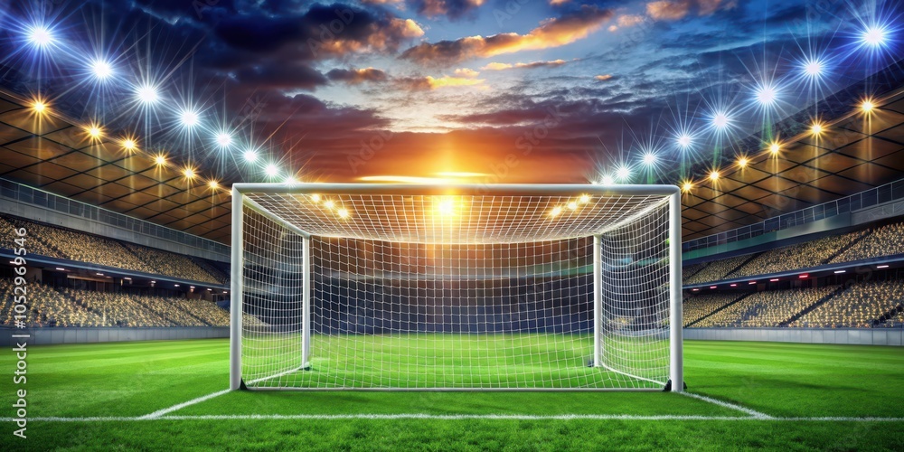 Fototapeta premium A soccer goal stands at the center of a sprawling stadium bathed in the warm glow of setting sun, promising a thrilling match ahead.