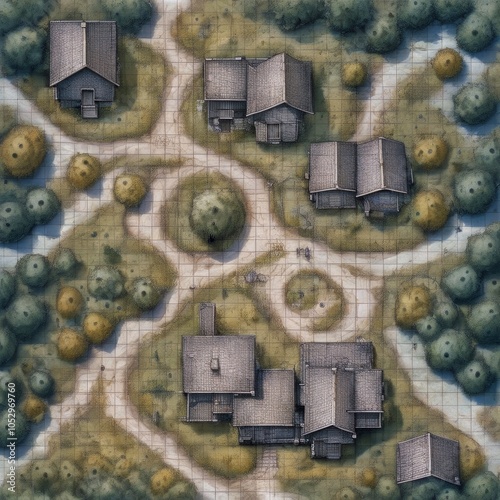 Illustrated Tabletop Map of Forest Village: Fantasy Small Settlement