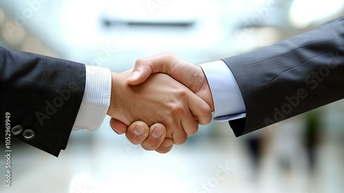 Two businessmen shaking hands in a modern office, symbolizing a successful merger and collaboration, professional handshake in corporate environment.