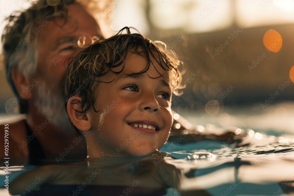 Joyful Child Swimming in Sunset