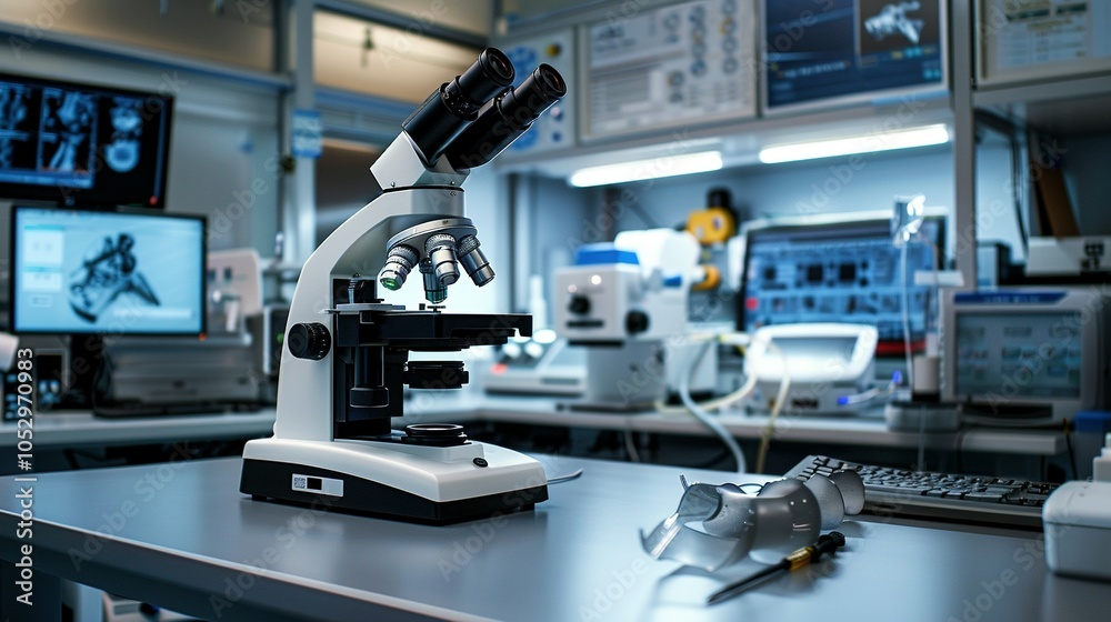 Fototapeta premium Innovative Veterinary Laboratory: Modern Trinocular Microscope for Detailed Medical Diagnostics