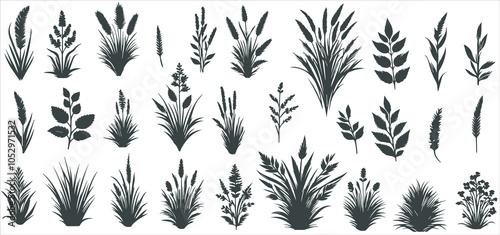 Set of grass line cad and silhouettes isolated on white background. Ground cover. Illustration for elevation architectural element, side view, grass section vector