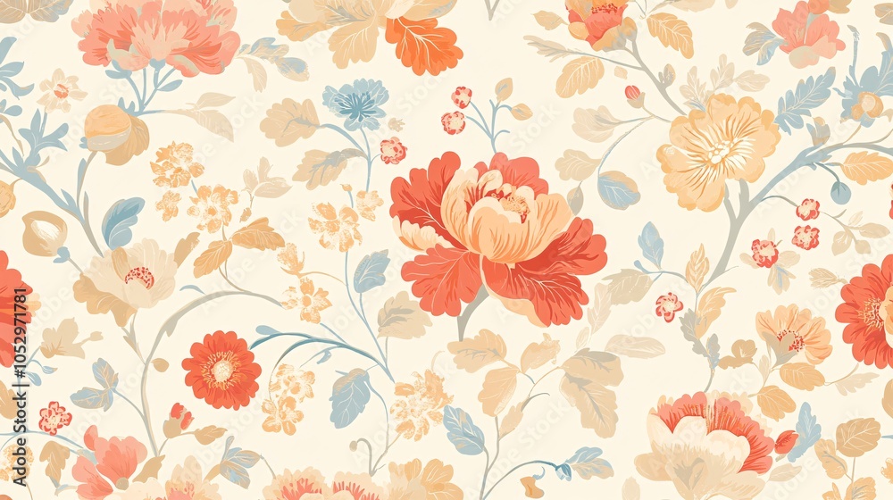 2410 31.A seamless pattern of delicate traditional floral designs, with intricate flowers in soft shades. The background is a subtle, neutral tone that allows the vibrant, beautiful flowers to stand 2410 31.A seamless pattern of delicate traditional floral designs, with intricate flowers in soft shades. The background is a subtle, neutral tone that allows the vibrant, beautiful flowers to stand