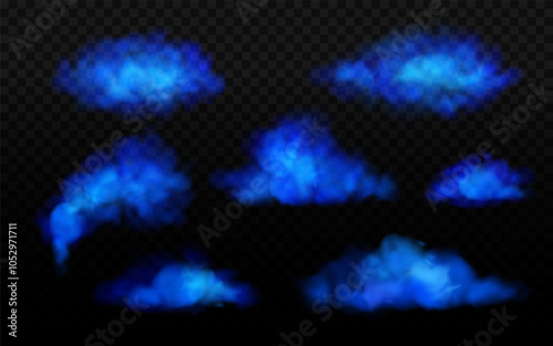 Blue neon realistic clouds. Glowing smoke shining in darkness with transparent overlay effect. Color mist, magic sky design element set. Christmas fluffy snow texture