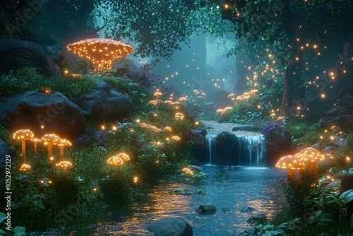 A magical forest scene with glowing mushrooms and fireflies along a stream and waterfall.