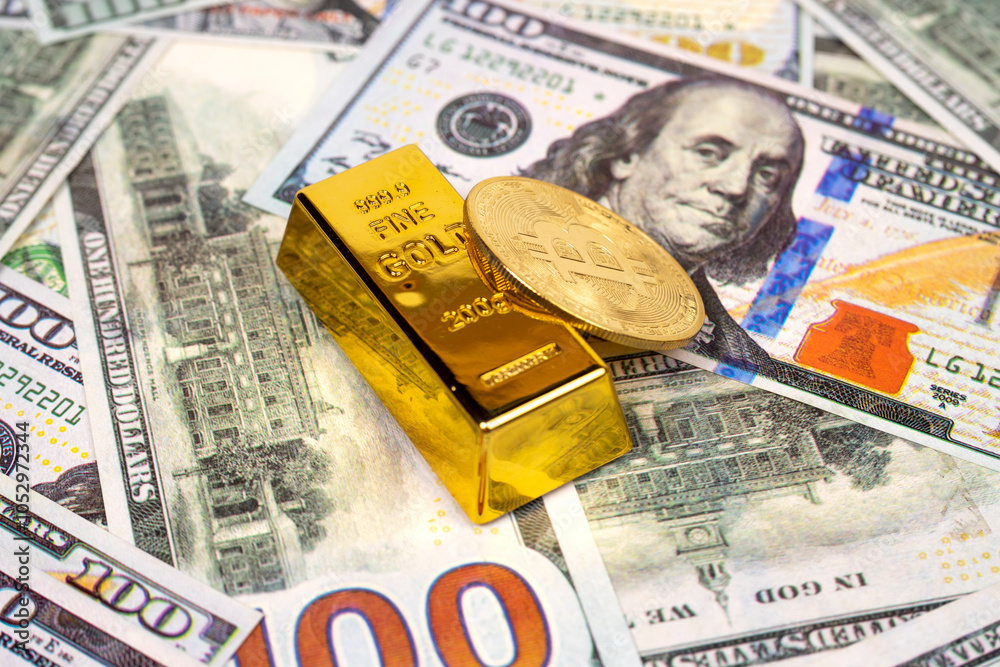 Gold bar, bitcoin, 100-dollar bill on a white background, symbolizing wealth, investment, and financial security