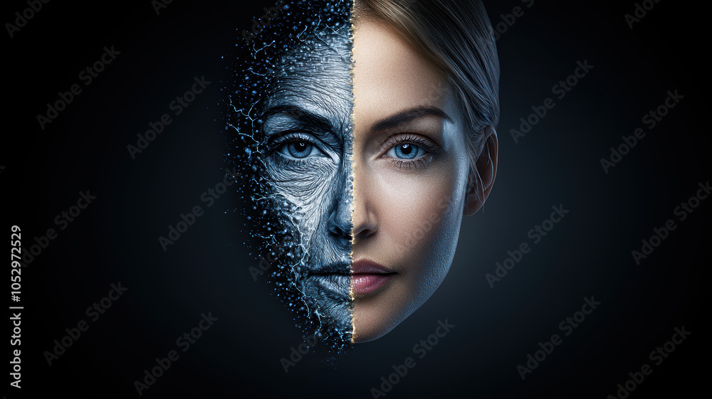 A woman's face is split in half, with the left half being blue and the right half being white. The image is titled Huaji and is a representation of the concept of duality A woman's face is split in half, with the left half being blue and the right half being white. The image is titled Huaji and is a representation of the concept of duality