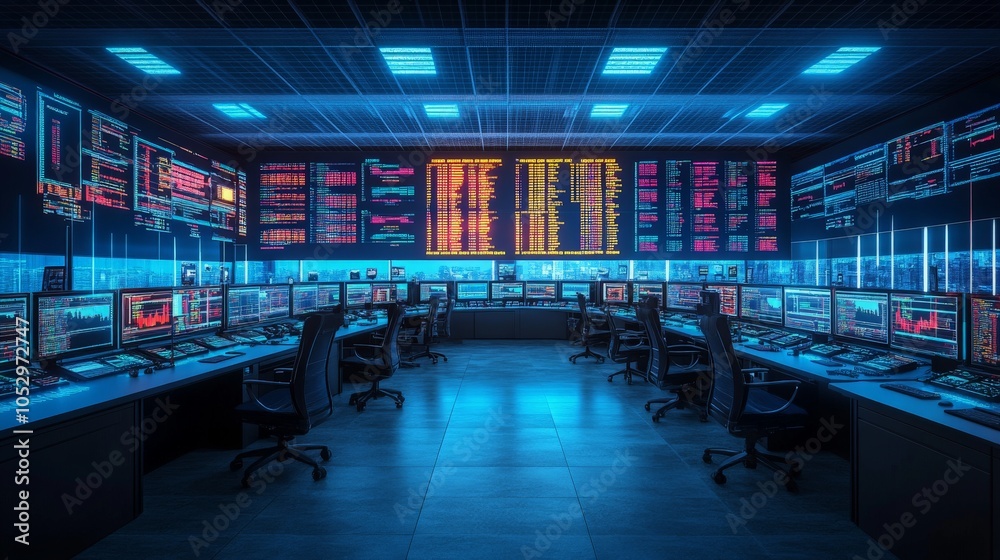 Futuristic Tech Control Room with Monitors and Data Displays Futuristic Tech Control Room with Monitors and Data Displays